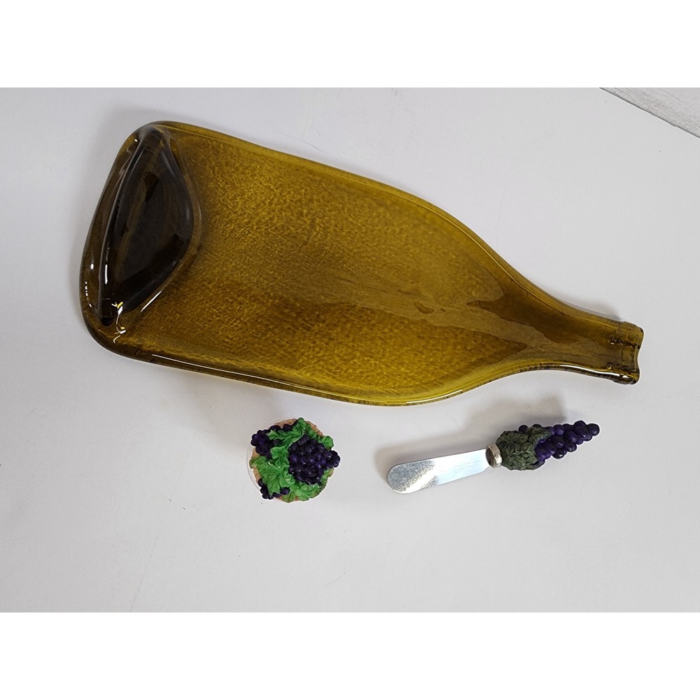 Slumped‎ Wine Bottle Cheese Board Set Amber Glass Grape Spreader Stopper